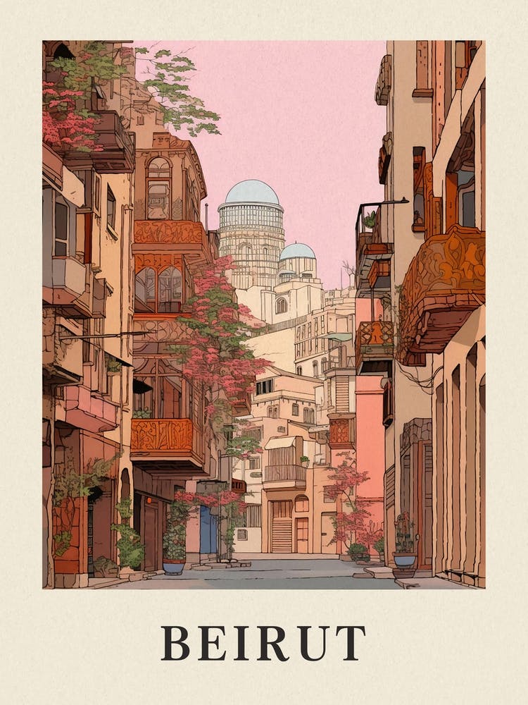 Beirut Lebanon 3 Vintage Pink Travel Illustration Poster