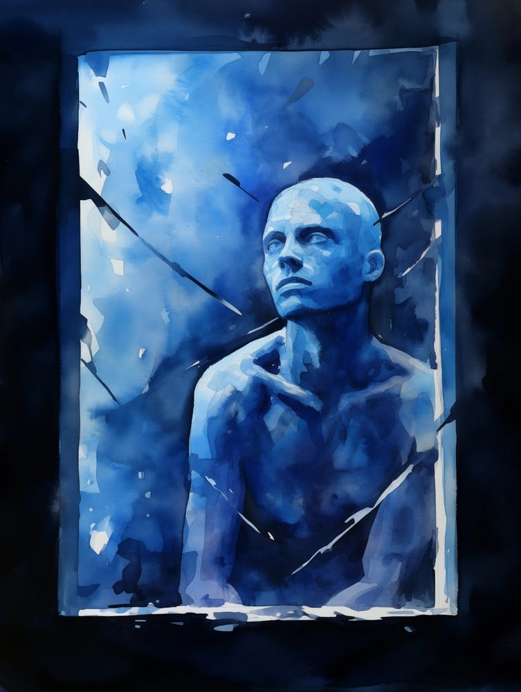 Homme bleu dans une fenêtre
