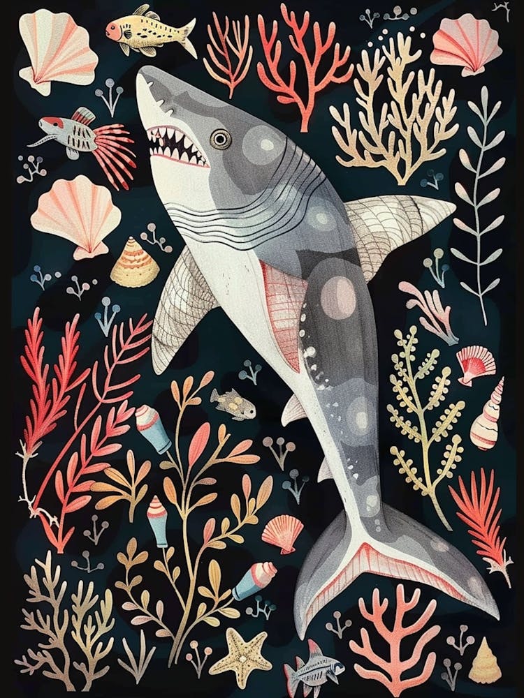 Shark Seascape Black Background Illustration 4