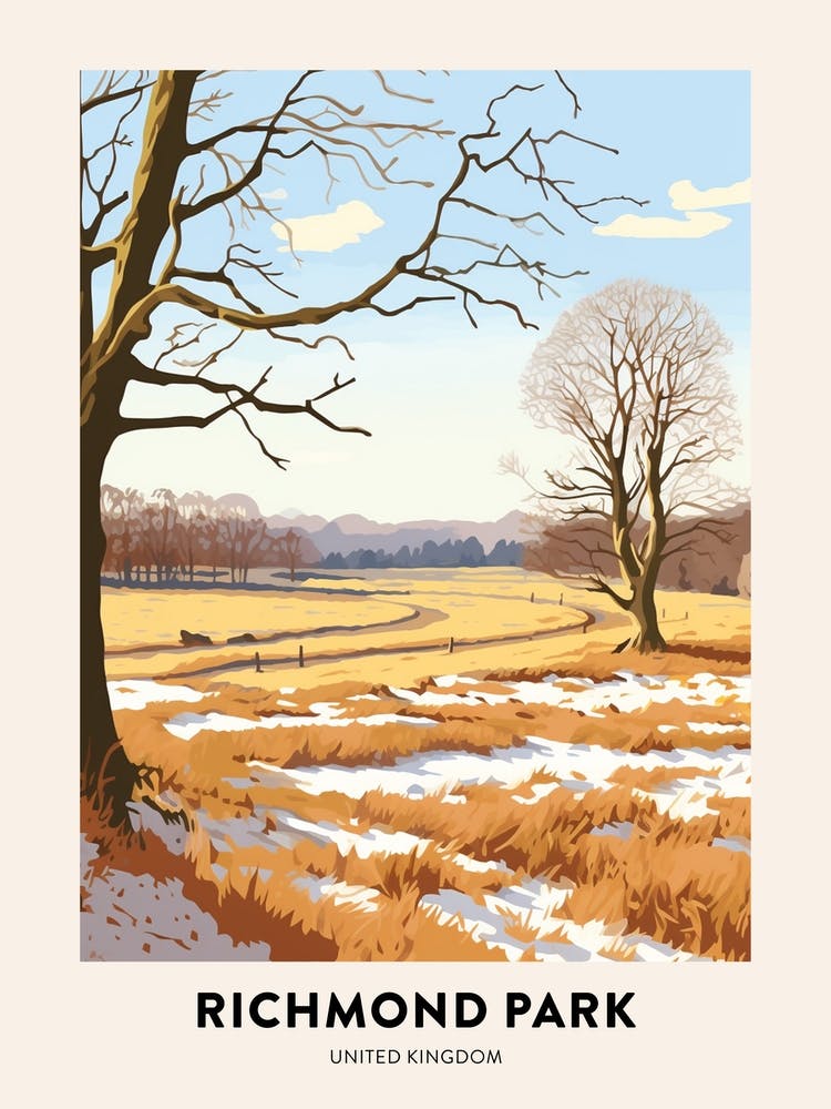 Vintage Winter Travel Poster Richmond Park England 2