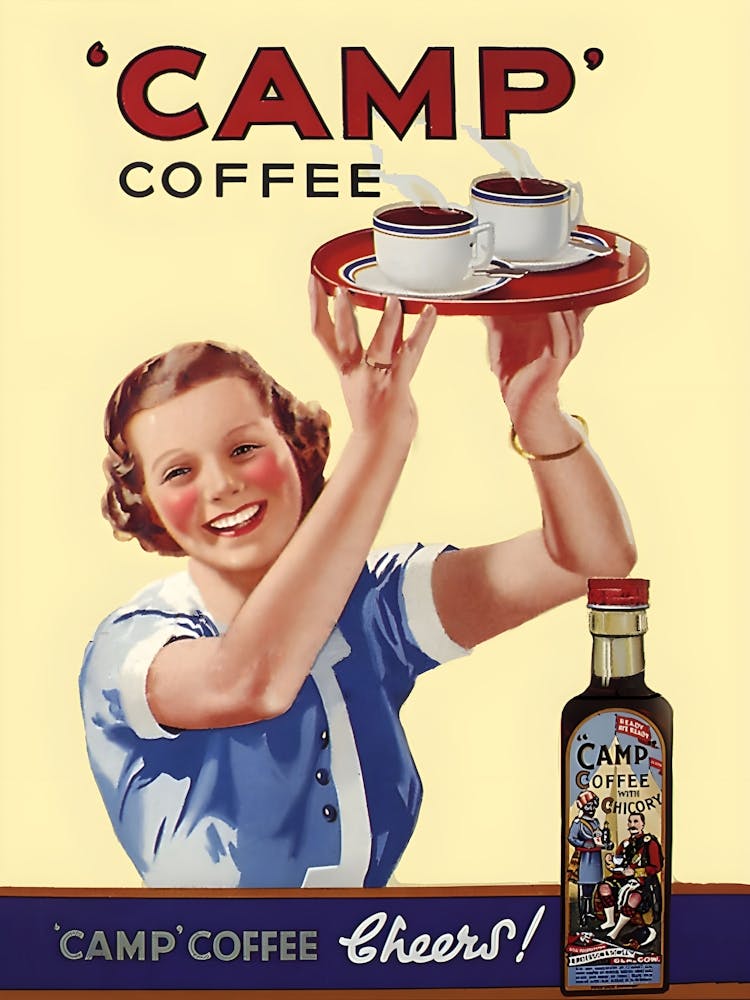 Coffee Camp, Smiling Waitress, Vintage Advertising Poster