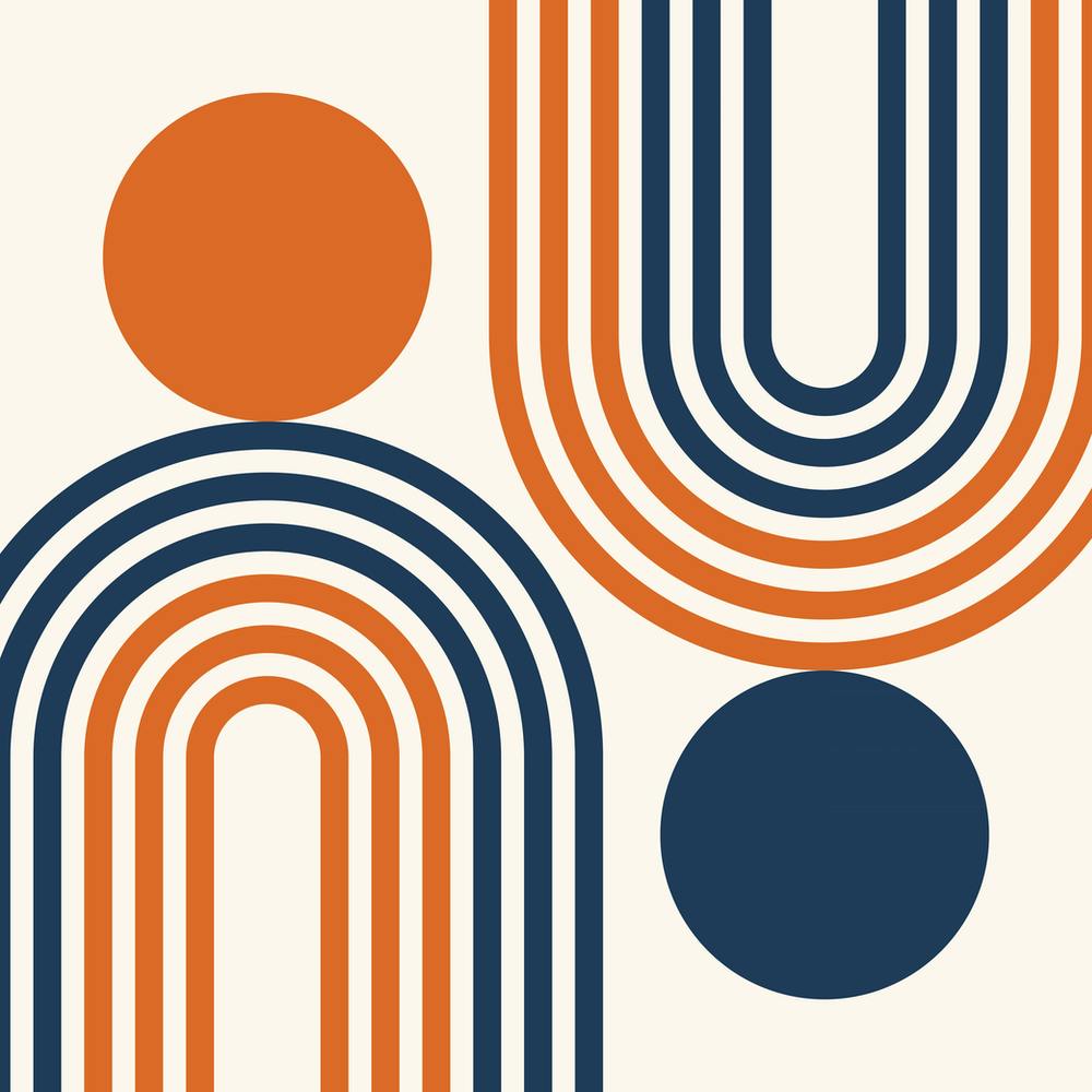 Mid Century Modern Geometric in classy navy blue burnt orange (Rainbow and Sun Abstract Design) 3