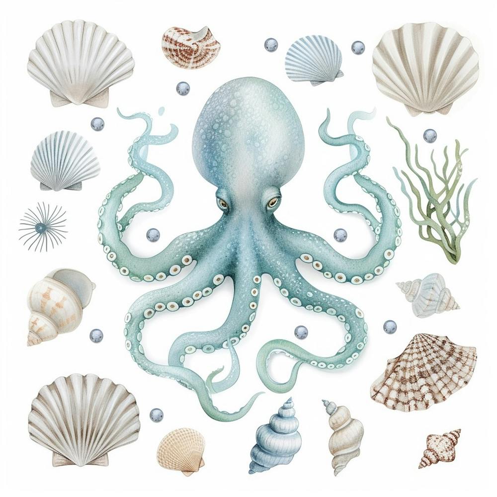 Blue Storybook Style Octopus Surrounded By Shells 2