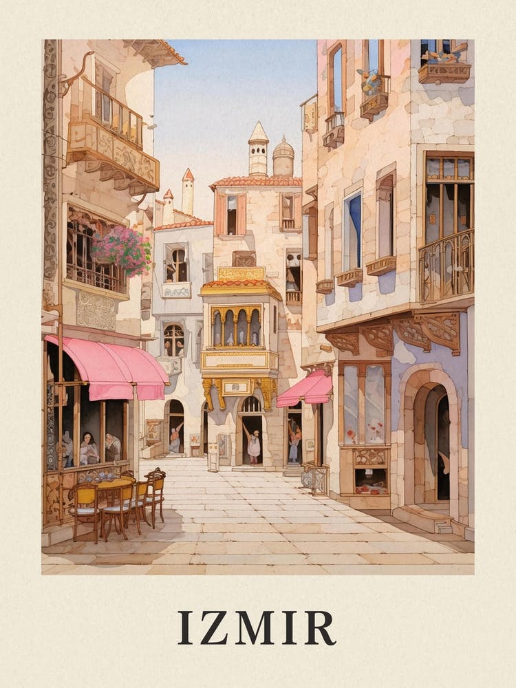 Izmir Turkey 1 Vintage Pink Travel Illustration Poster