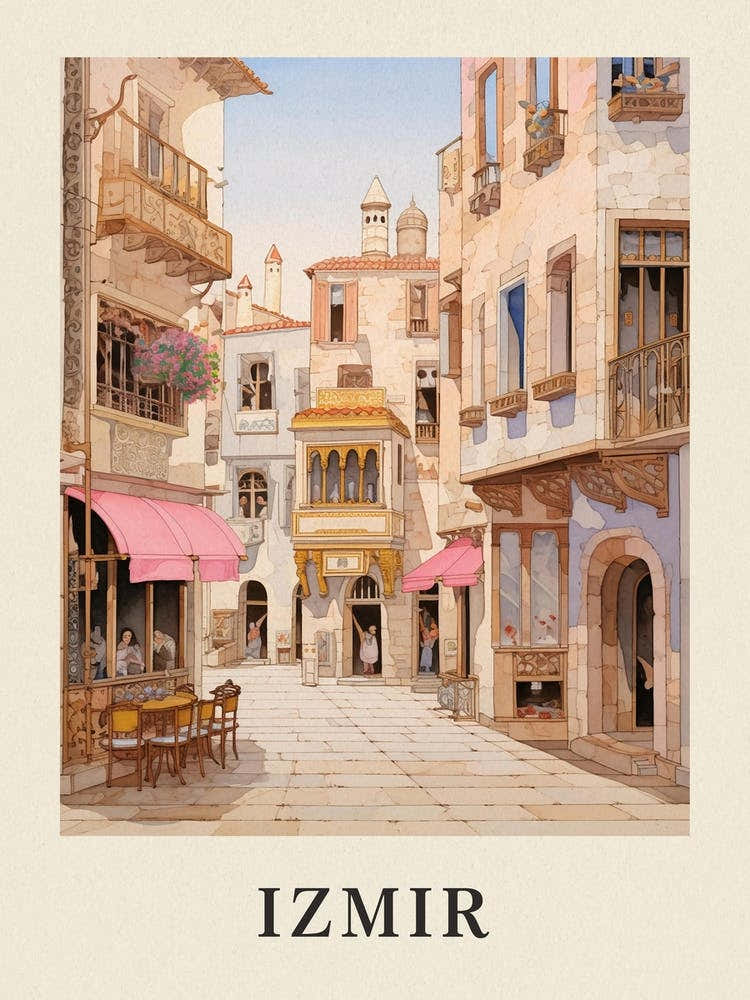 Izmir Turkey 1 Vintage Pink Travel Illustration Poster