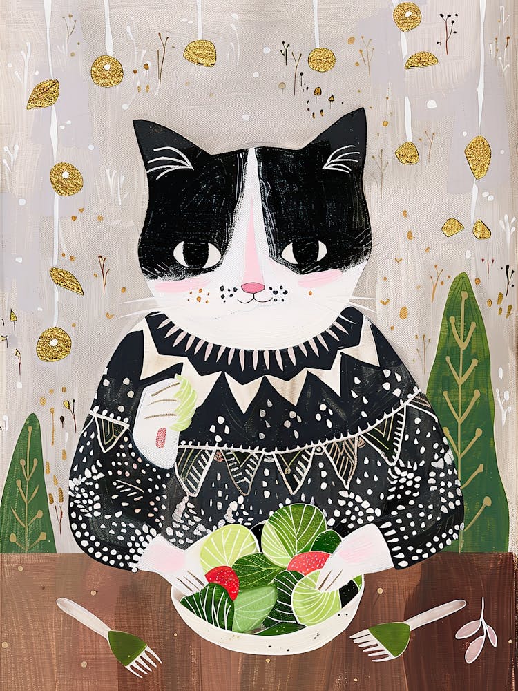 Black And White Cat Eating Salad Folk Illustration 2