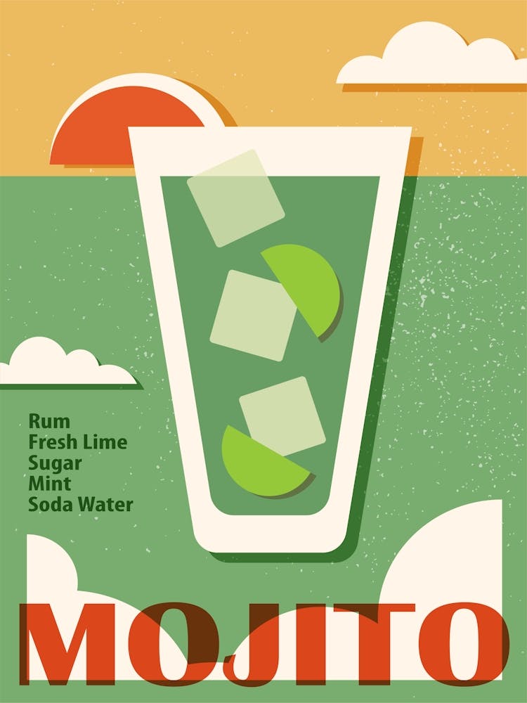 Mojito recipe poster, Cocktail art print, Retro 70s