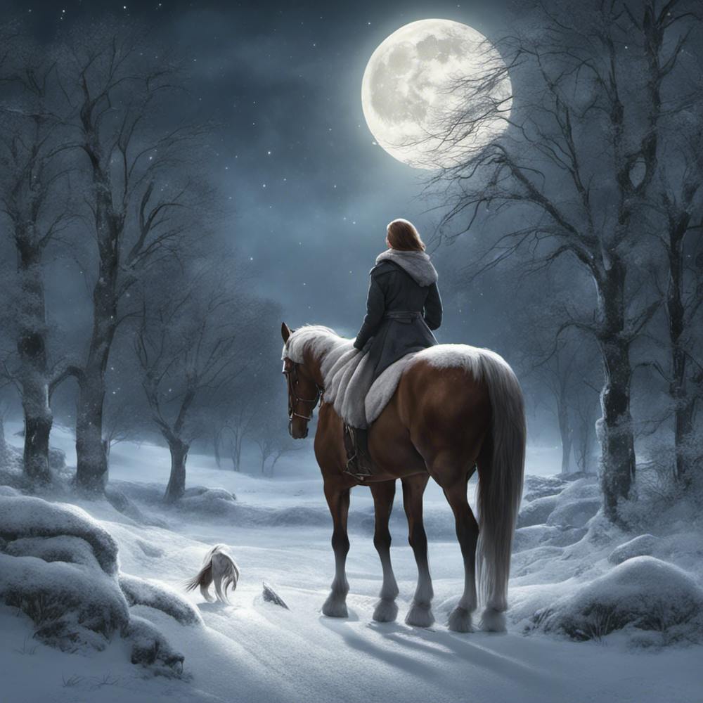Frau reitet auf einem Pferd im Schnee