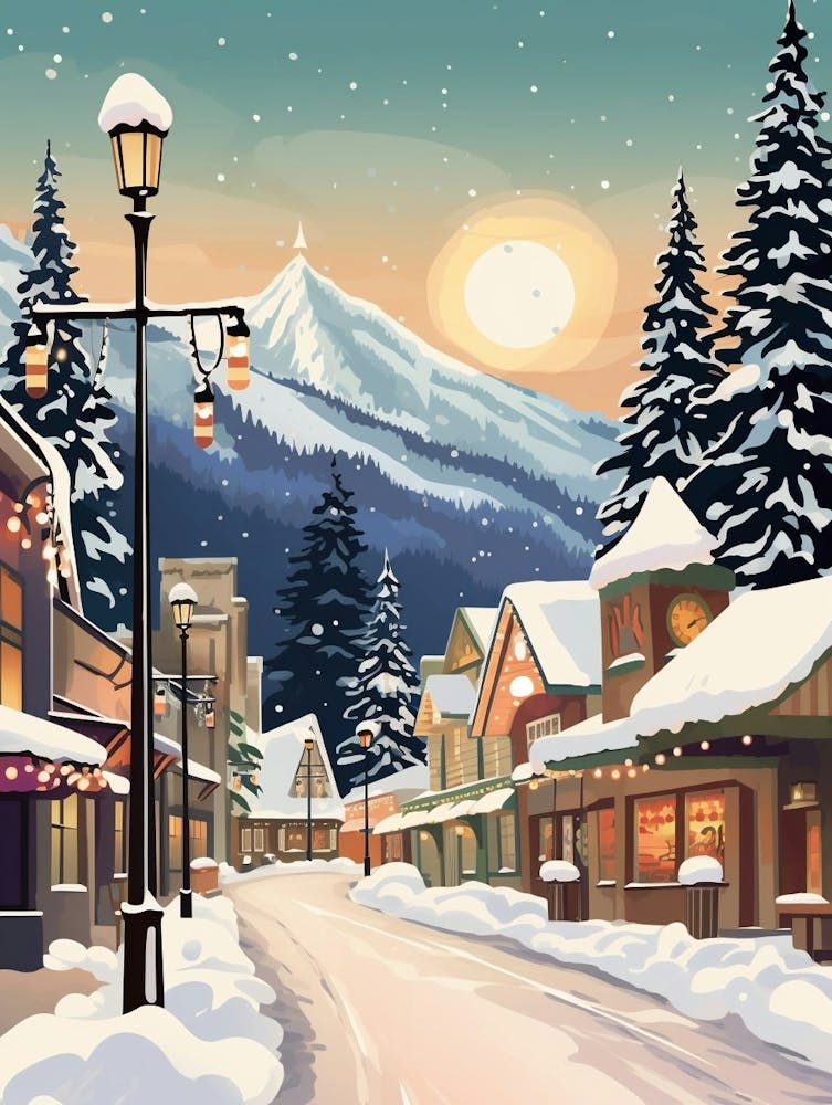 Vintage Winter Travel Illustration Leavenworth Washington 2