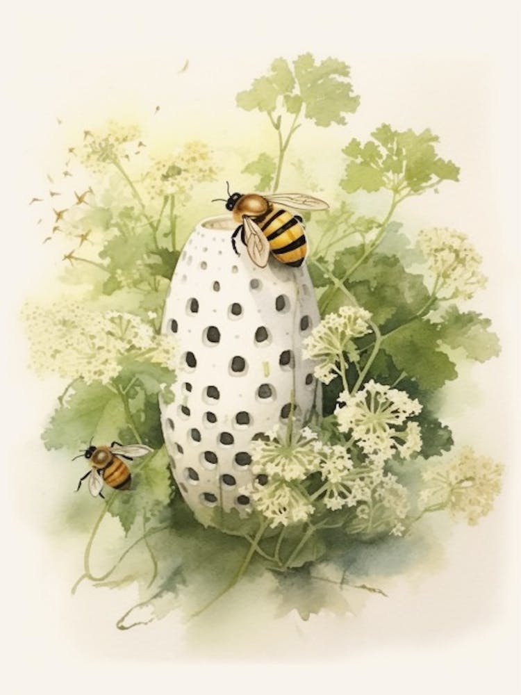 Beehive With Queen Anne’S Lace Watercolour Illustration 2