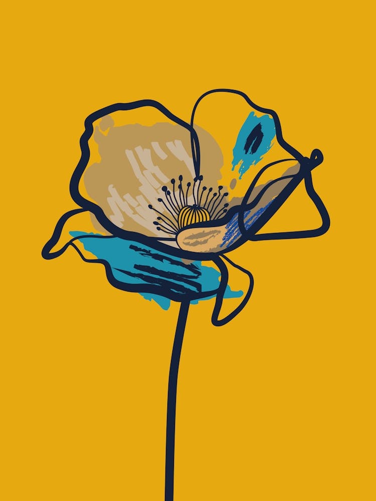Poppy Flower Minimal Line Art Mustard