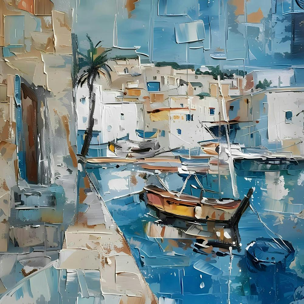 Mallorcatherapy. Abstraction
sea, boat, Mallorca, abstraction, painting for the interior, palm tree, harbour, marina, yachts, bay, house by the sea, seascape