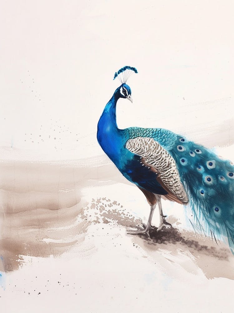 Peacock On The Beach Watercolour