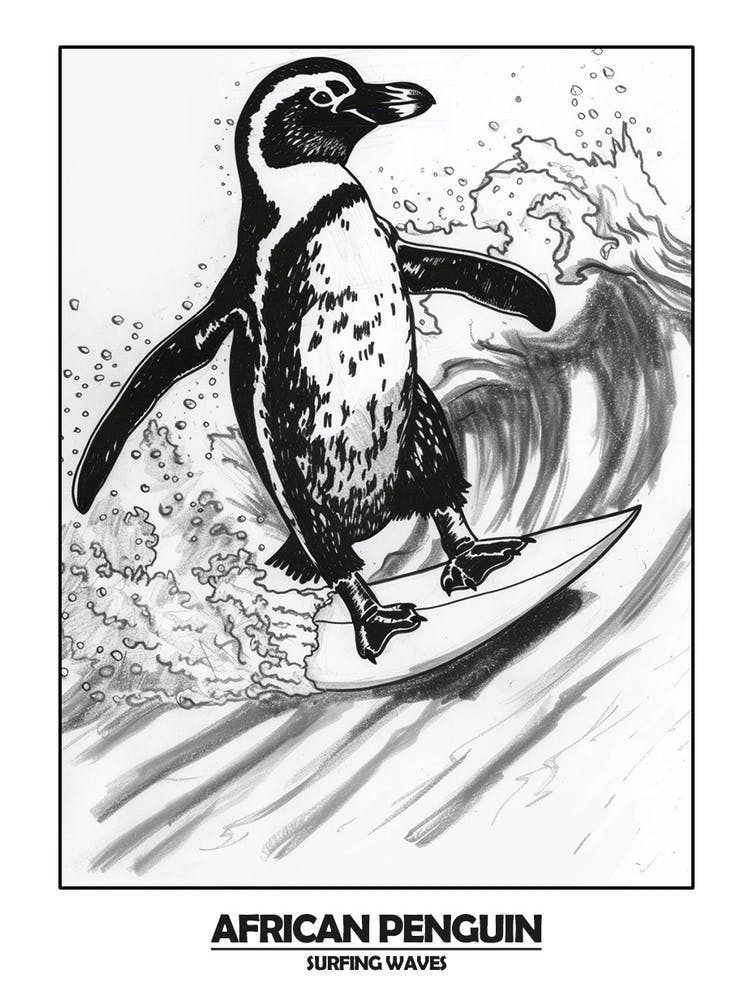 Penguin Surfing Waves Poster 1