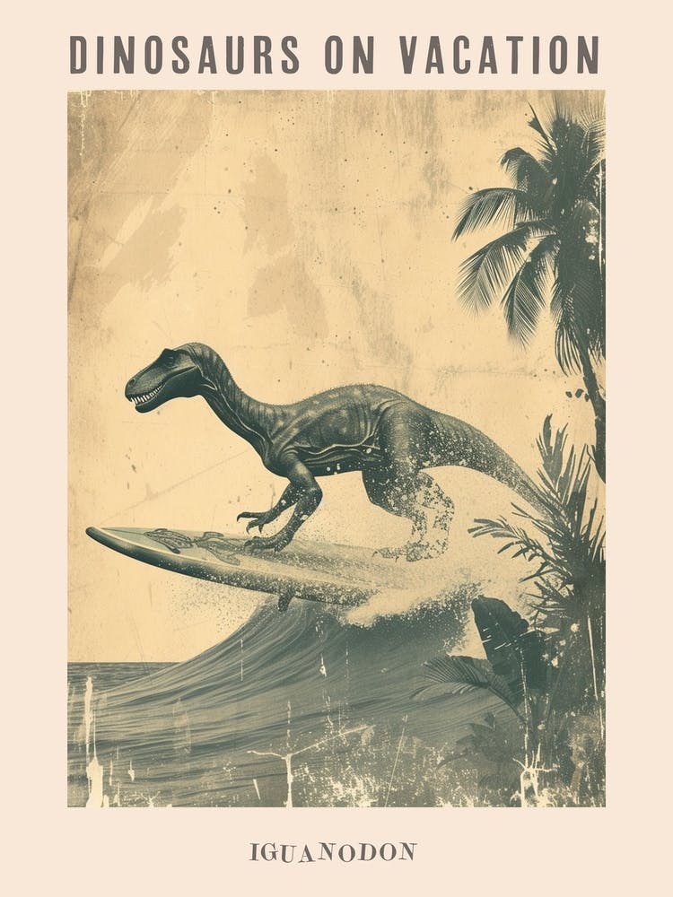 Dinosaure Iguanodon Vintage sur une Planche de Surf 3 - Affiche