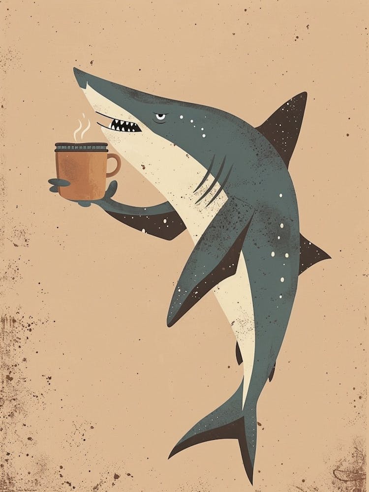 Shark Drinking Coffee Muted Pastels 1