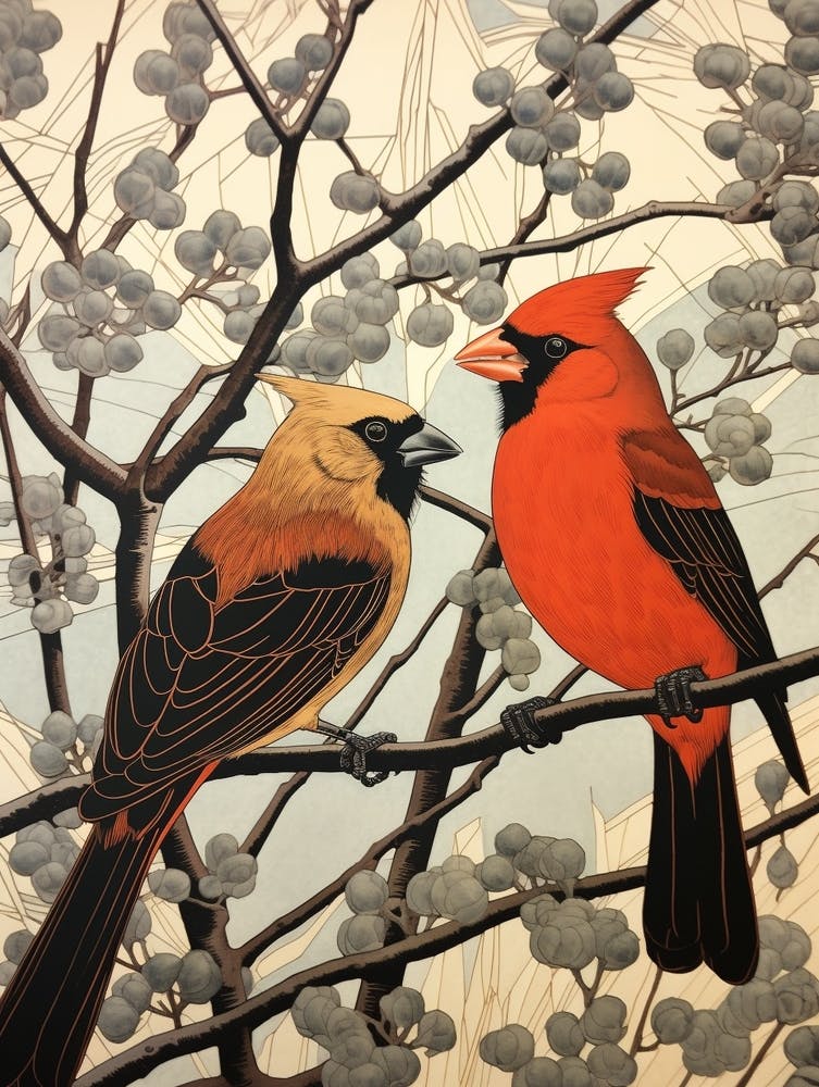 Art Nouveau Birds Poster Northern Cardinal 1