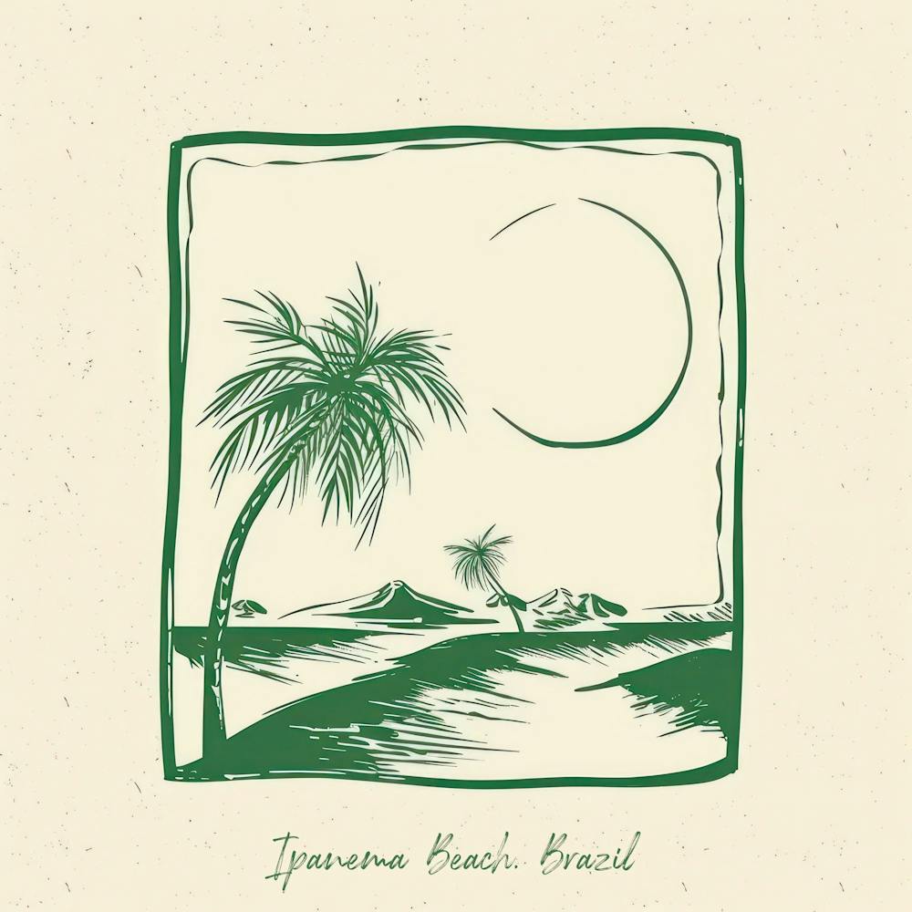Ipanema Beach, Brazil Green Line Art Illustration