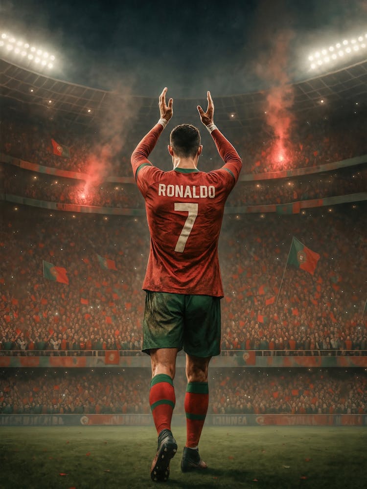 Cristiano Ronaldo Poster – CR7 Portugal Celebration: Ronaldo in full CR7 glory – arms raised, stadium lit, Portugal proud. This football poster celebrates his legendary energy, world cup fire, and GOAT status. A must-have for every fan of iconic soccer gr
