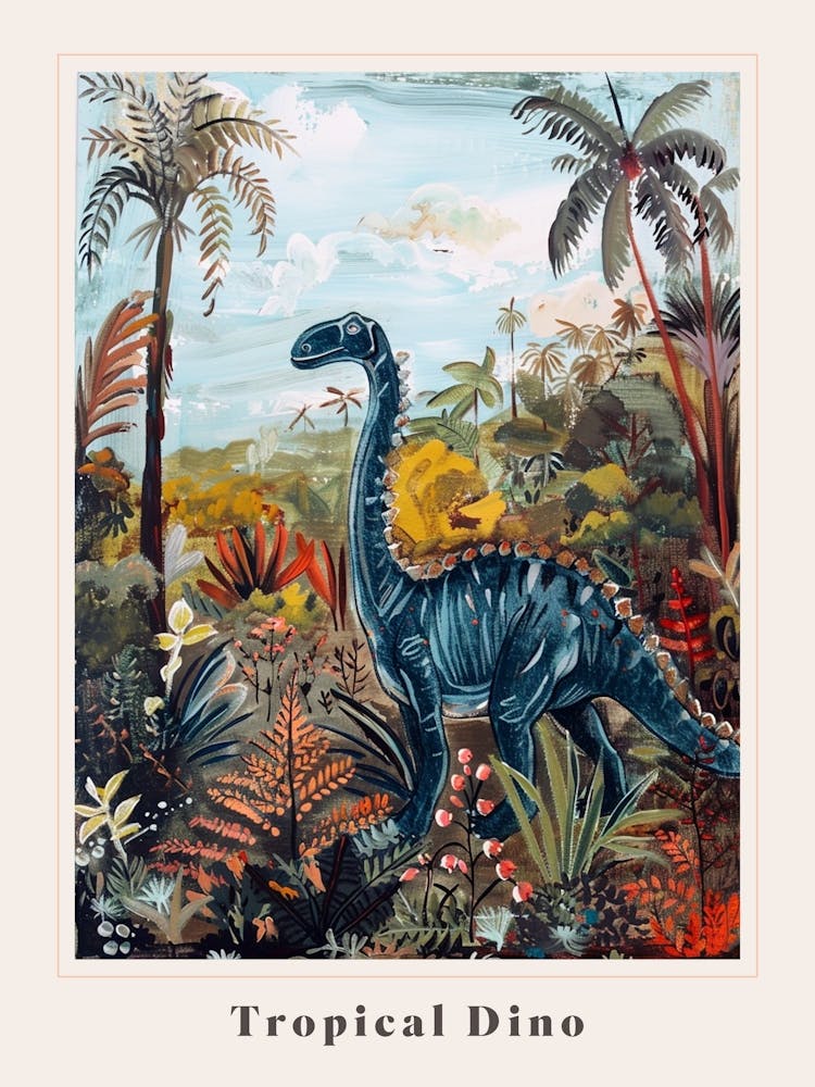Dinosaur With Tropical Leaves Painting 3 Poster