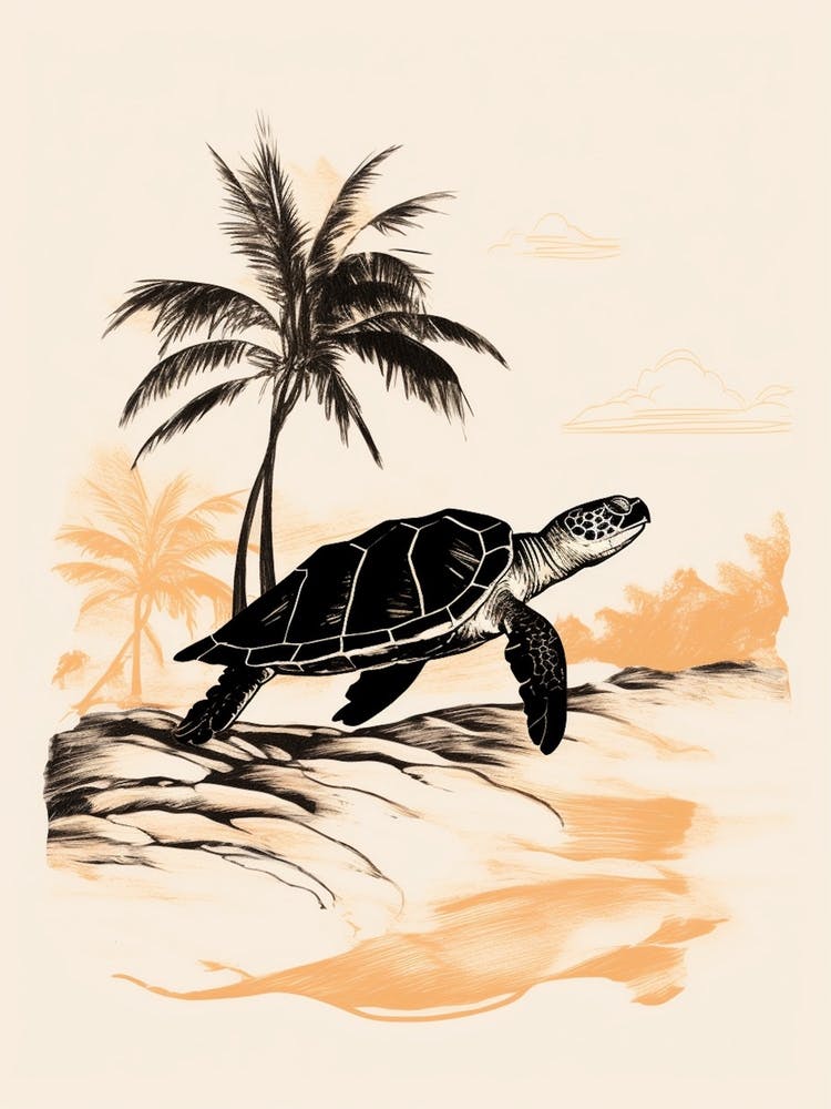 Black And Cream Illustration Of Sea Turtle
