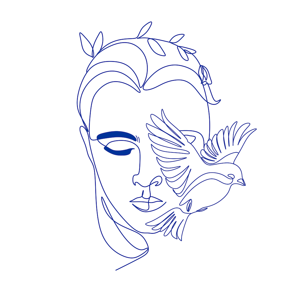 Woman with Bird Blue Print