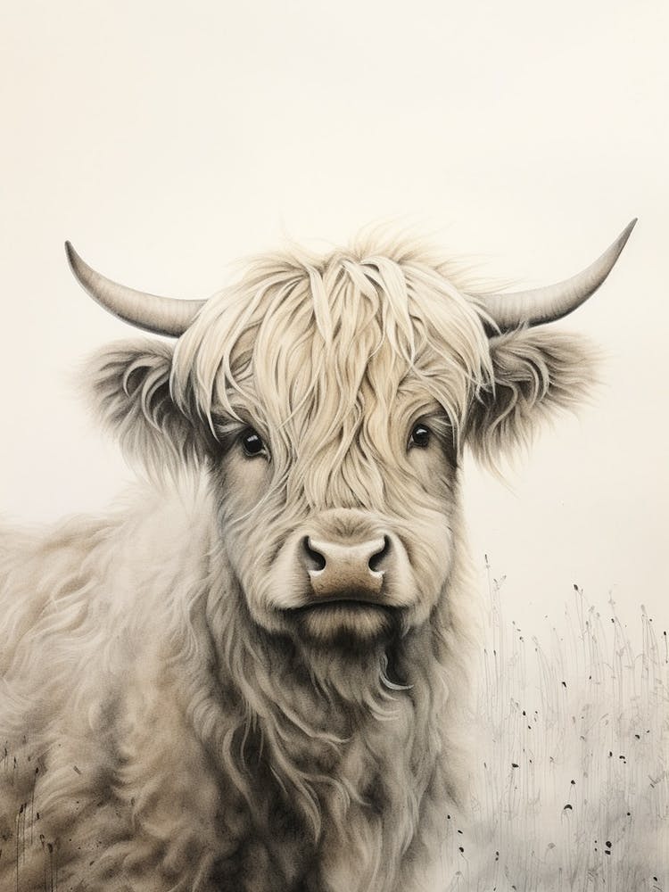 Black & White Ink Painting Of Highland Cow 3