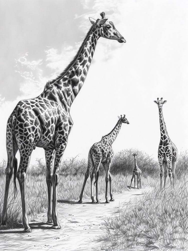 Giraffe geht den Pfad entlang Bleistiftzeichnung 1