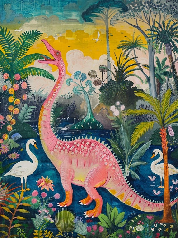 Dinosaur With Swans Painting 3