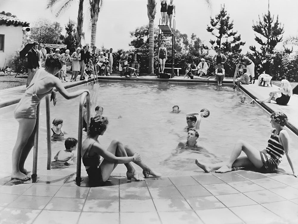 People In a Pool, Summer, Vintage Black and White Old Photo