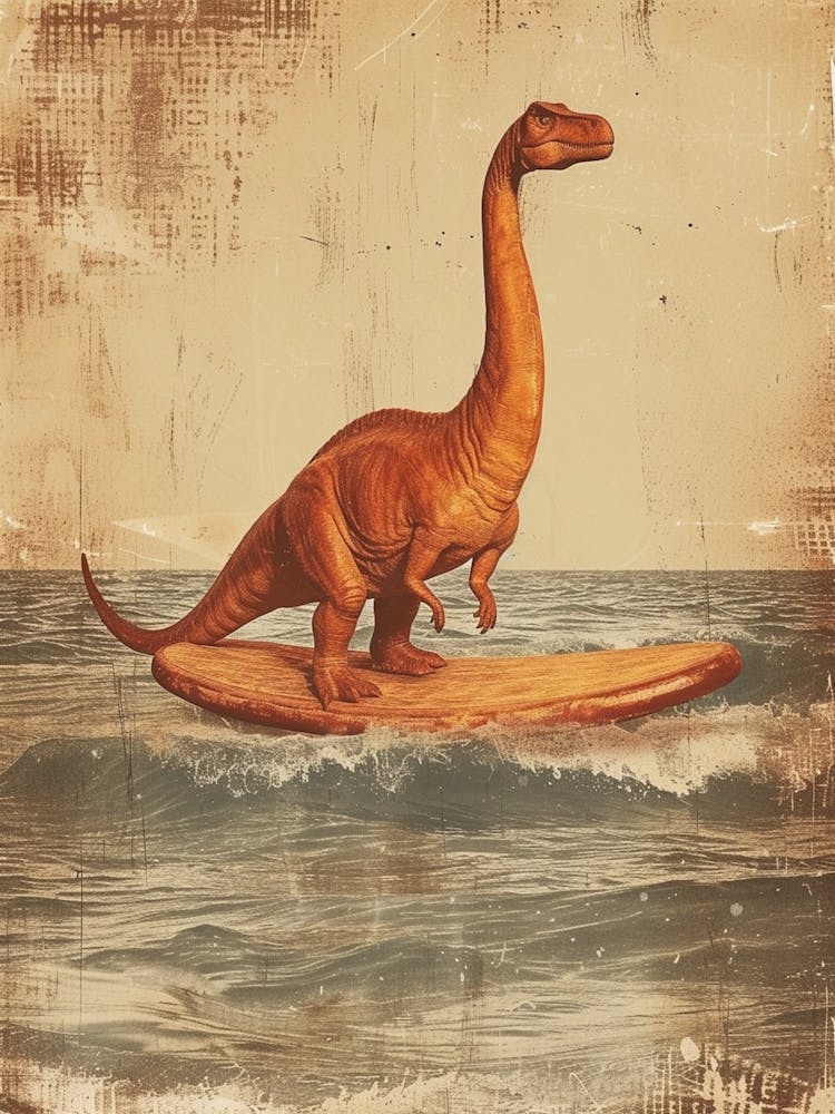 Vintage Brachiosaurus Dinosaur On A Surf Board 1