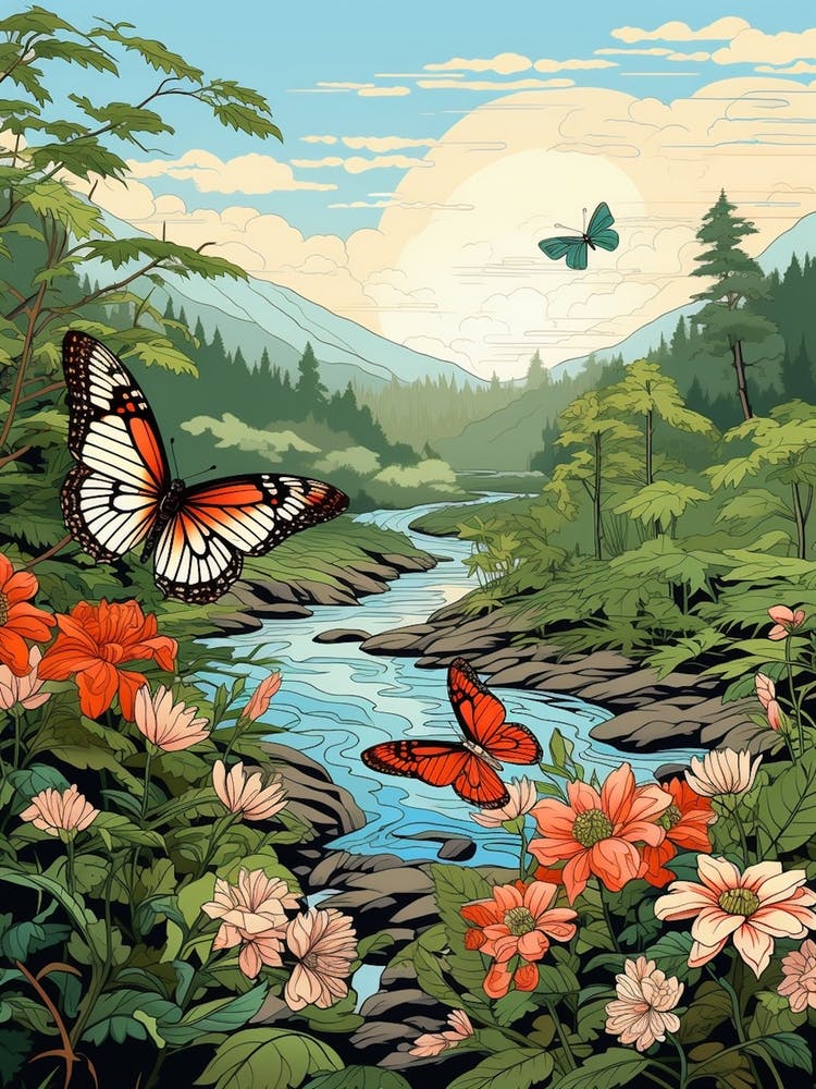 Butterfly With Stream Japanese Style 1
