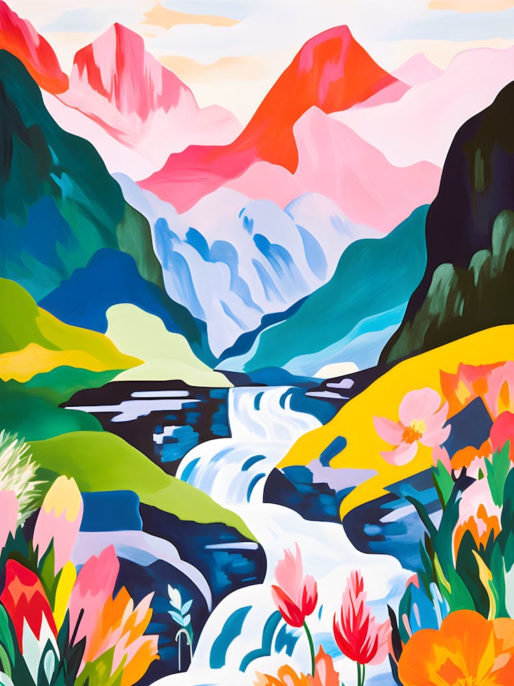 Vibrant Mountain Landscape Art – Abstract Nature Wall Print, Colorful Waterfall Painting, Modern Alpine Decor, Bold Floral Scenery