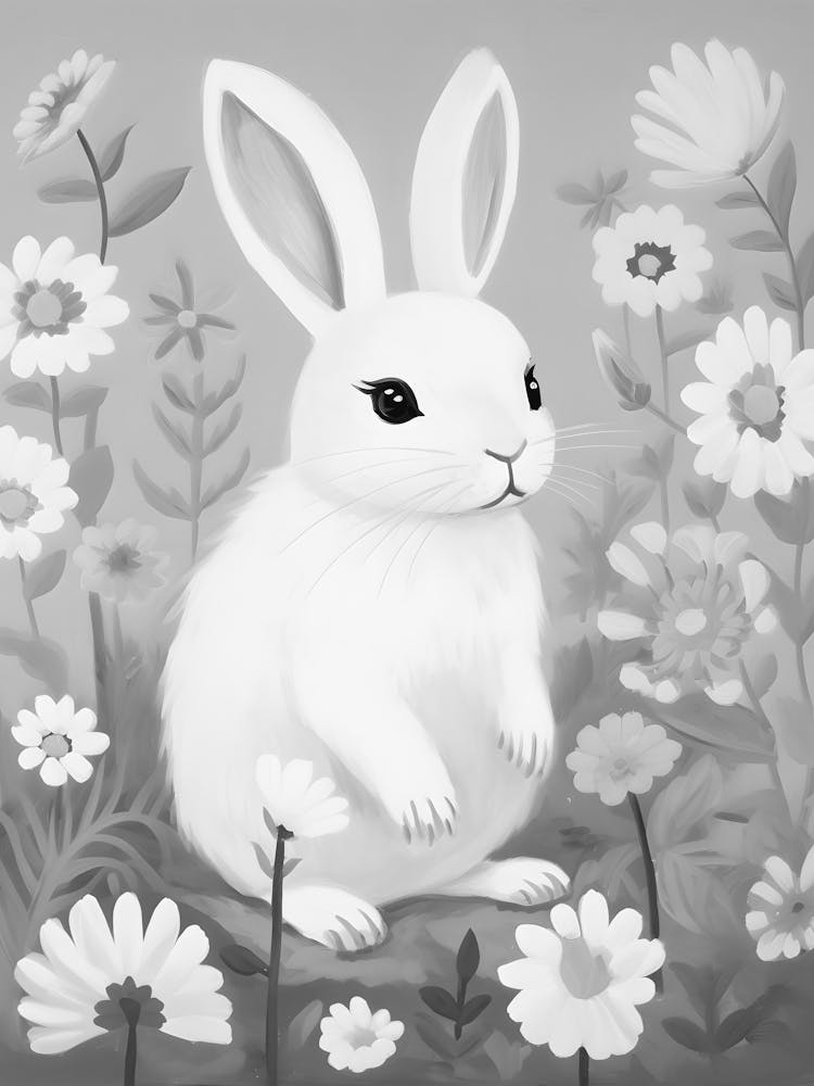 White Bunny In Flowers