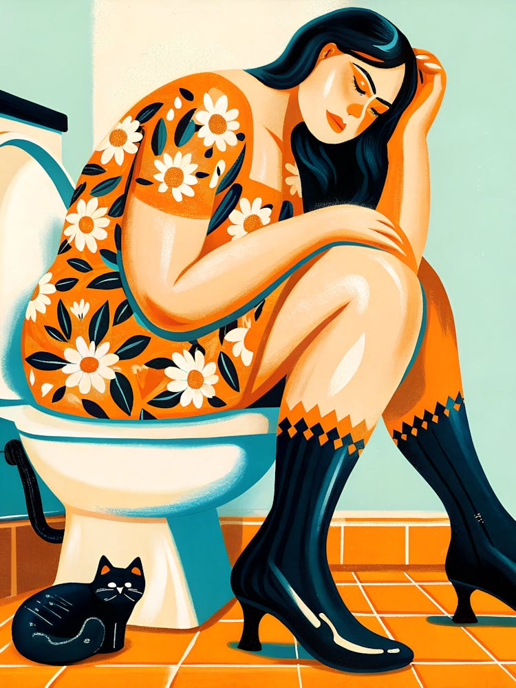 Woman Girl on Toilet, Black Cat, Flower Dress, Black Heels
