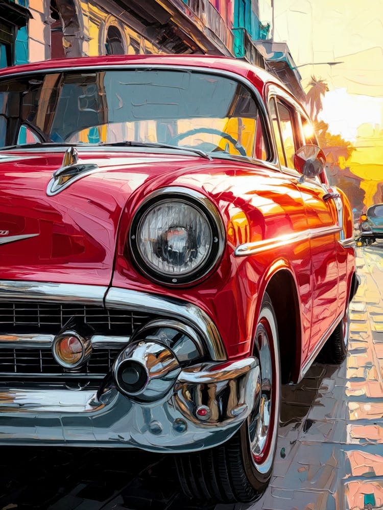 Classic Sunset Cruise
A vibrant close-up of a classic red Cadillac car against a warm sunset, capturing retro charm and nostalgia. Perfect for a study or living room, adding vintage flair and energy.