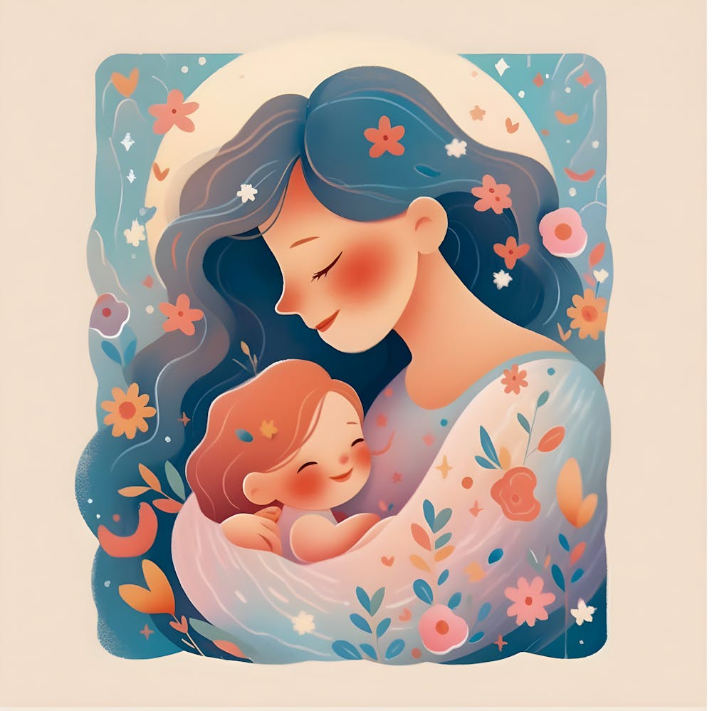Mother and Child Illustration – Whimsical Art Depicting a Loving Bond, Surrounded by Floral and Celestial Elements in Warm Pastel Tones
