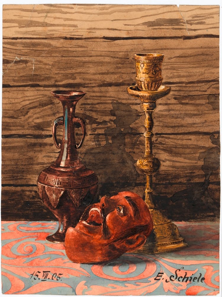 Still Life With Candlestick, Vase And Mask, Egon Schiele