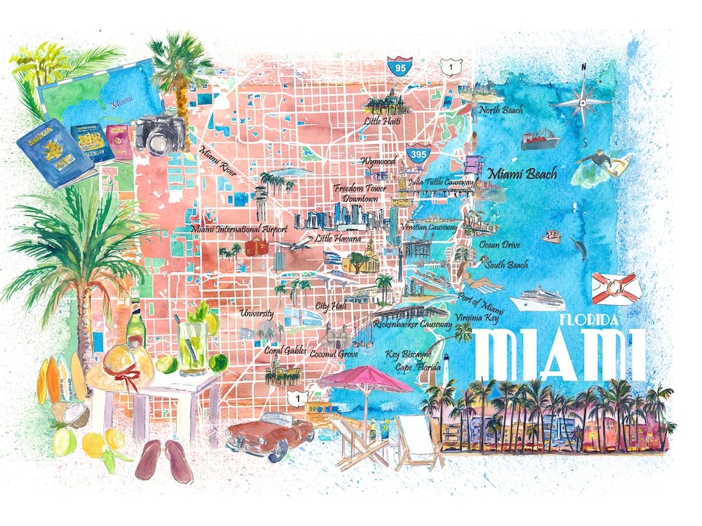Miami Florida Illustrated Travel Map With Roads And Highlights