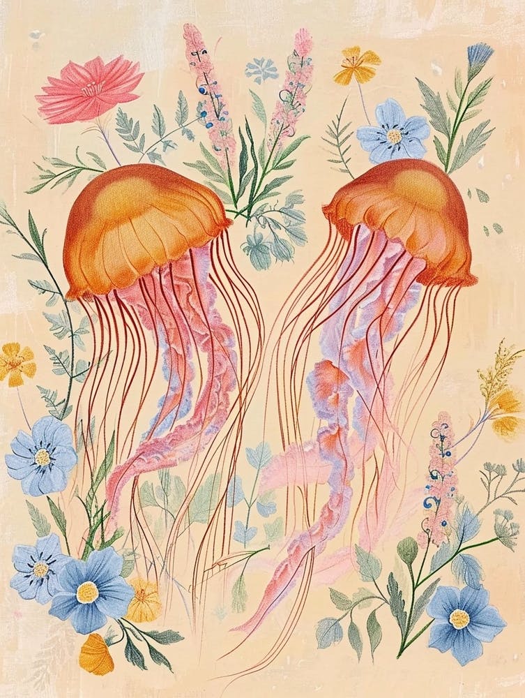 Folksy Floral Animal Drawing Jellyfish 5