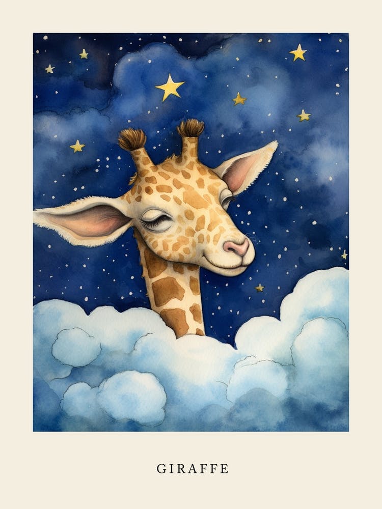 Baby Giraffe Sleeping In The Clouds Nursery Poster