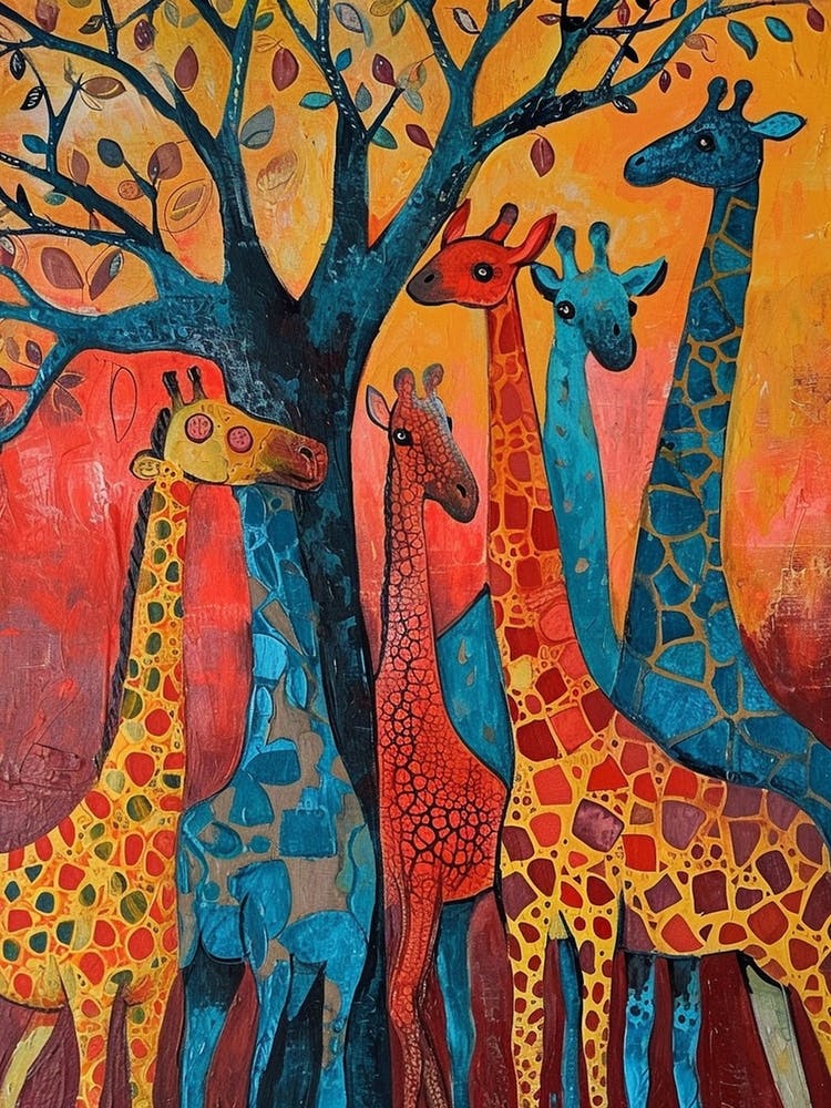 Abstract Giraffe Herd Under The Trees 1