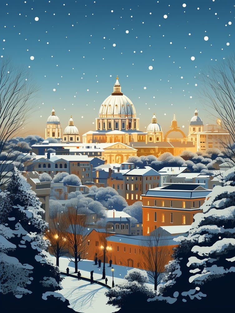 Winter Travel Night Illustration Rome Italy 2