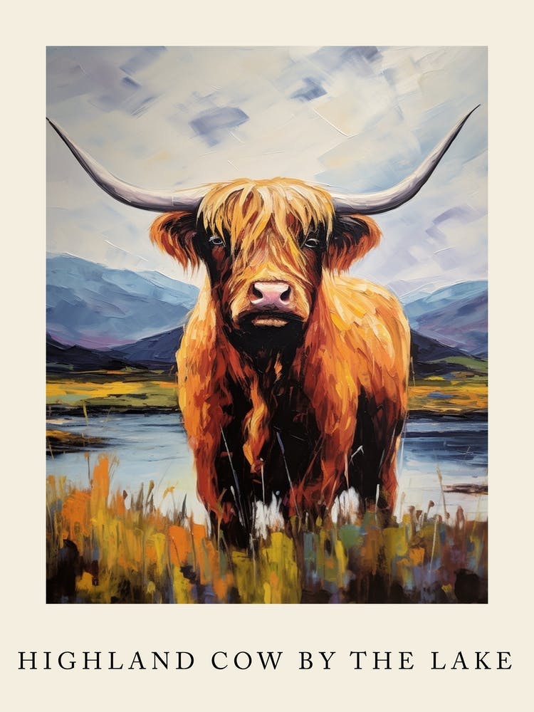 Impressionism Style Painting Of Highland Cow By The Lake 2