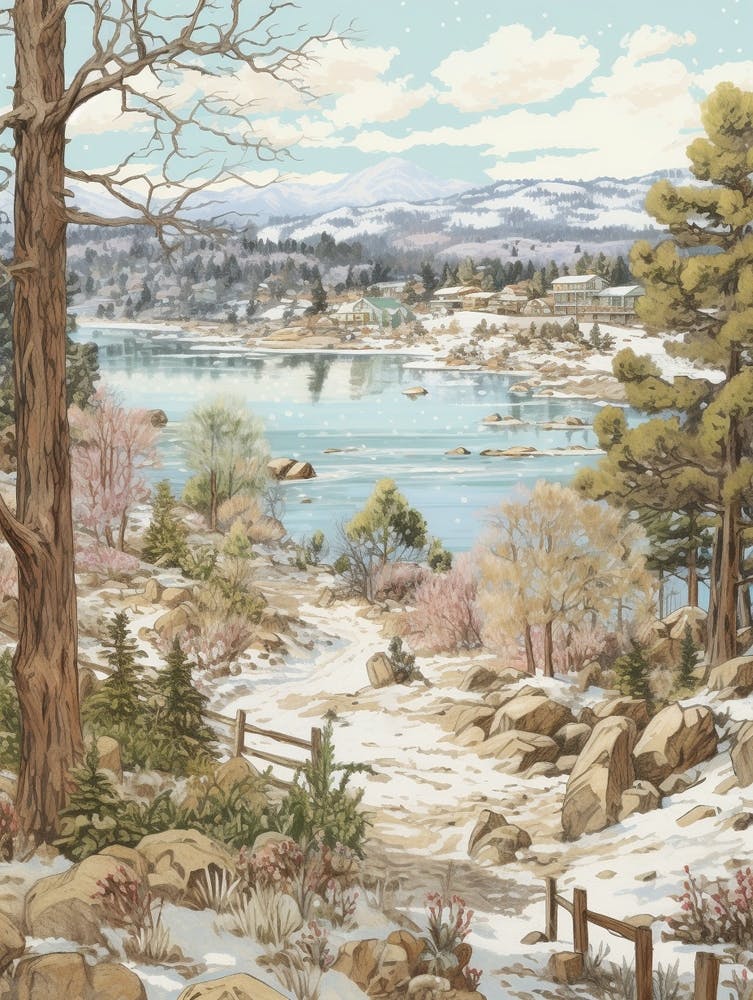 Vintage Winter Illustration Big Bear Lake California 2