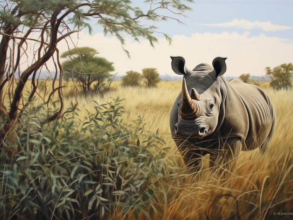 Black Rhinoceros Grazing In The African Savannah Realism 2