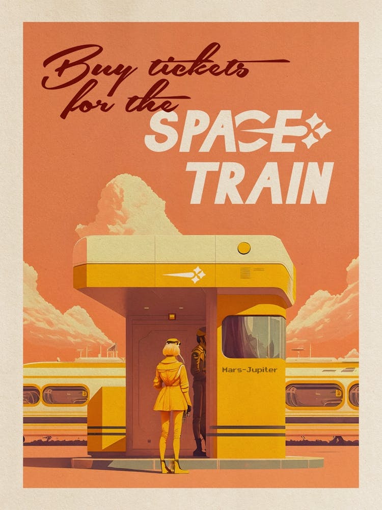 Buy ticket for the Space Train — Vintage retro space poster, retrofuturism poster, retro space, propaganda poster