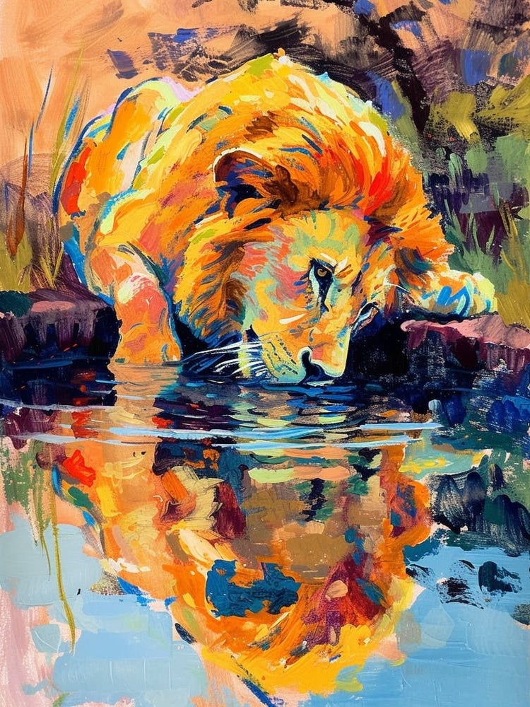Transvaal Lion Drinking From A Watering Hole Fauvist Painting 3