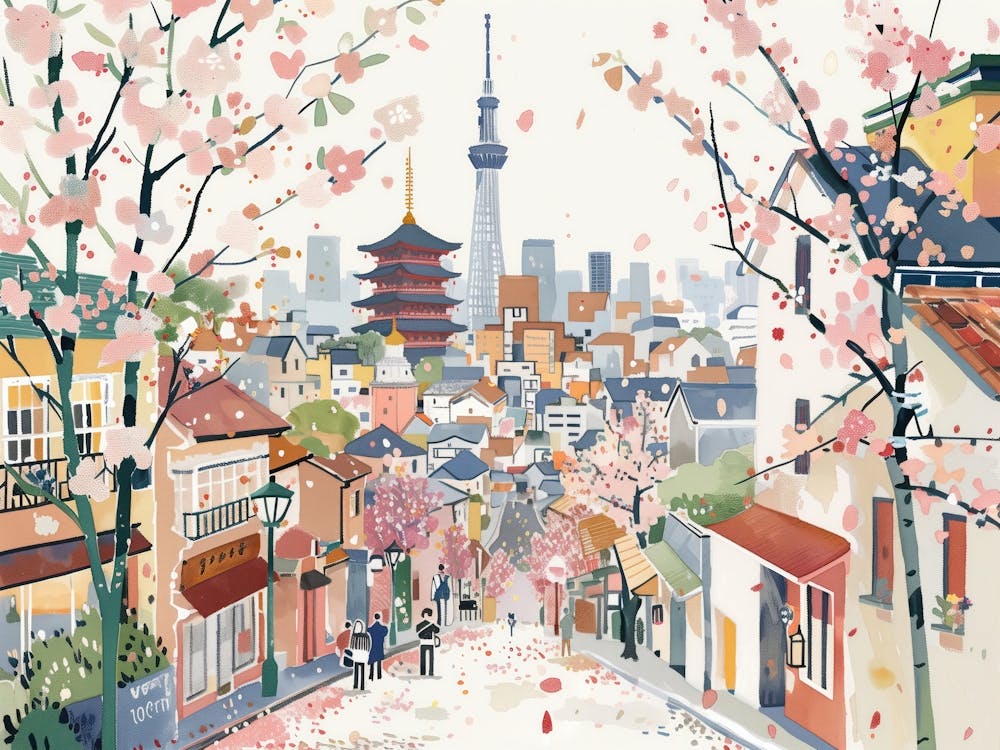 Tokyo Streets Sakura Landscape Watercolour