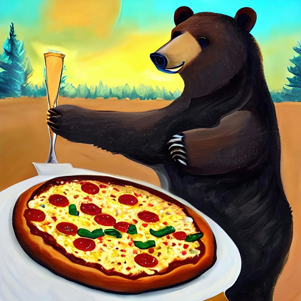 Bear Eating Pizza And Drinking Painting